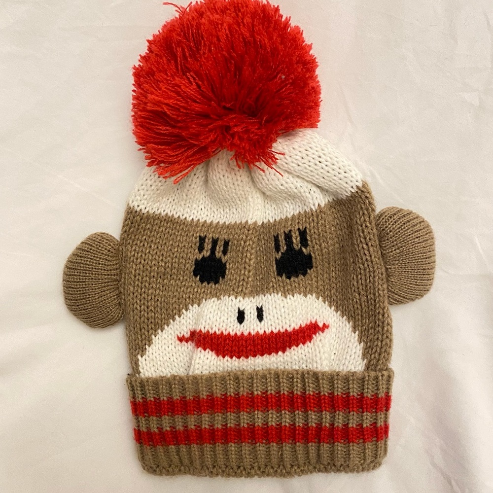 Sock Monkey Youth Size Beanie Hat With Puff Top